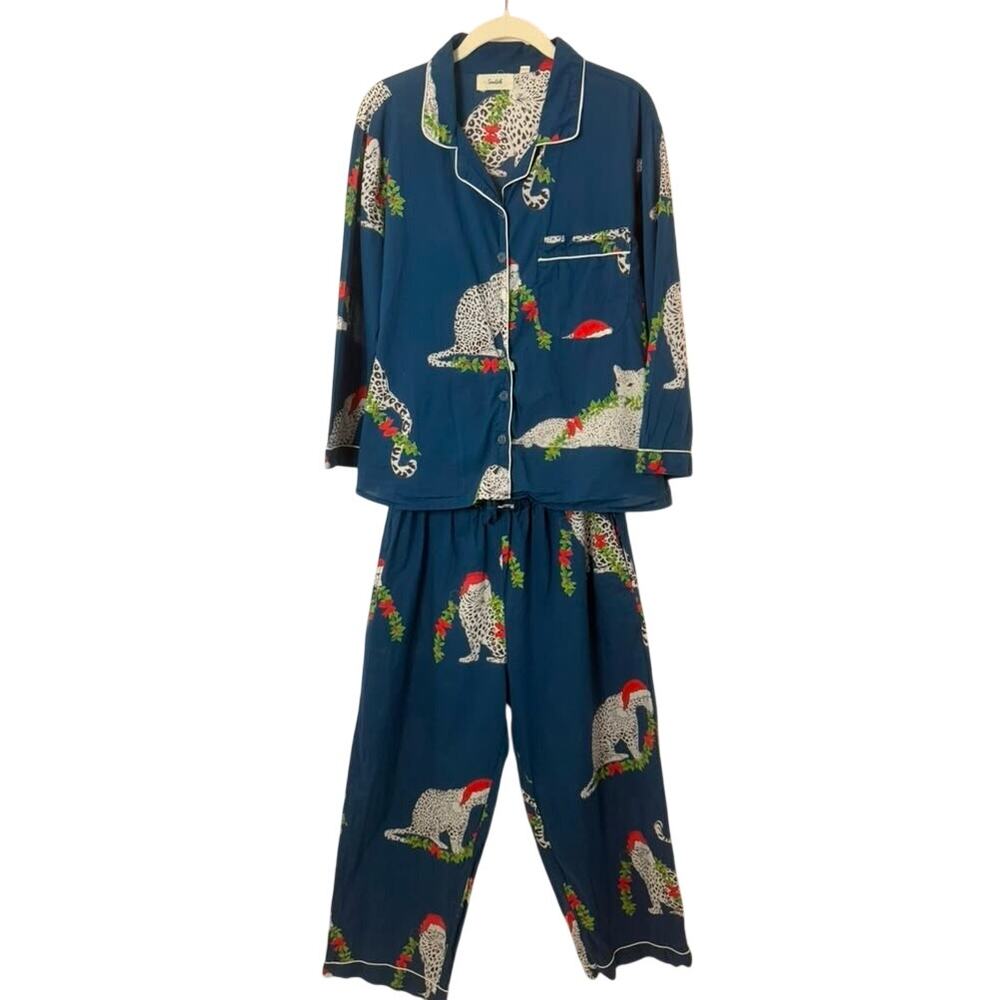 SAATVIK Navy w/White Leopard Pajamas Set Christmas Garland Santa Hat Womens M